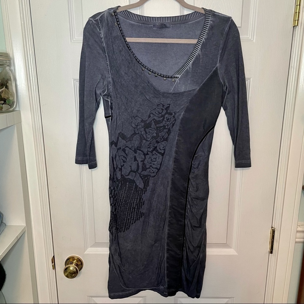 ANVRDIE Angels Never Die Blue Fitted Patchwork Studded Dress 1 small